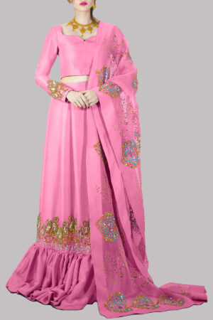 Pink Cosmos Embellished Raw Silk Skirt Set