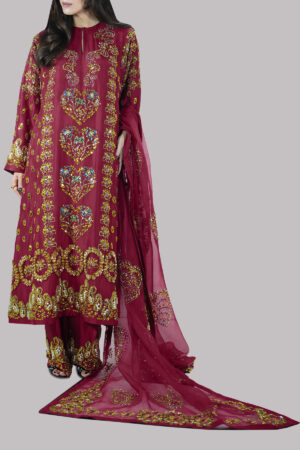 Red Bud Embellished Raw Silk Set