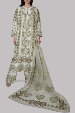 Egret Embellished Raw Silk Set