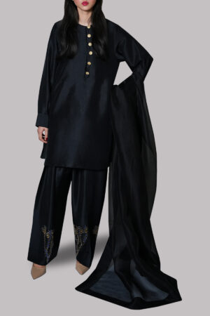 Black Embellished Raw Silk Set