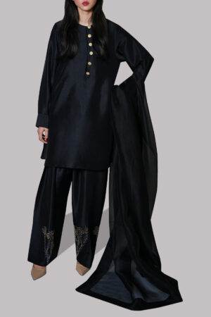 Black Embellished Raw Silk Set