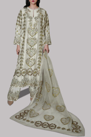 Egret Embellished Raw Silk Set